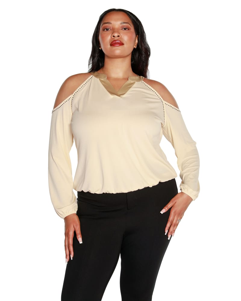 Front of a model wearing a size 3X Studded Cold-Shoulder Top in Cream by Belldini Black Label. | dia_product_style_image_id:309858